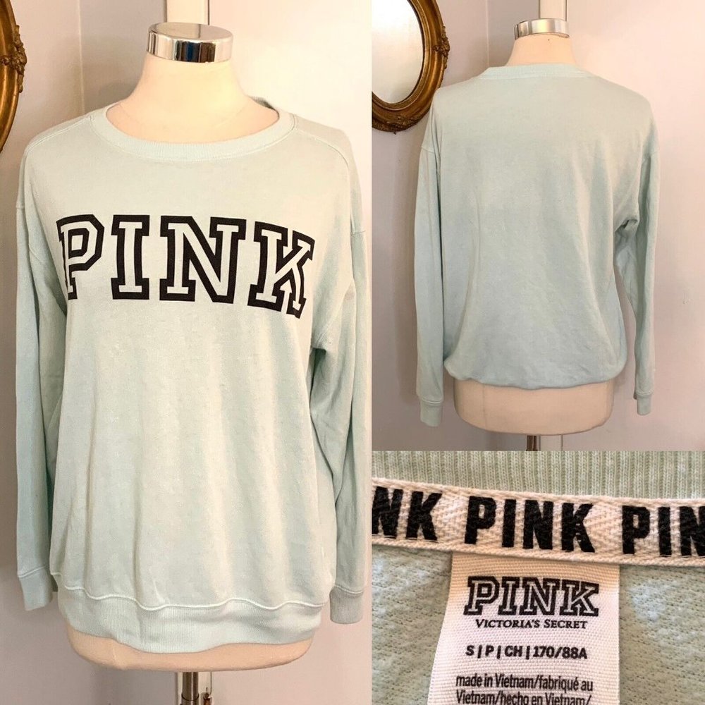 Victoria’s Secret Pastel Blue Pink PullOver Sweatshirt S M Spell out Preppy - Picture 2 of 11